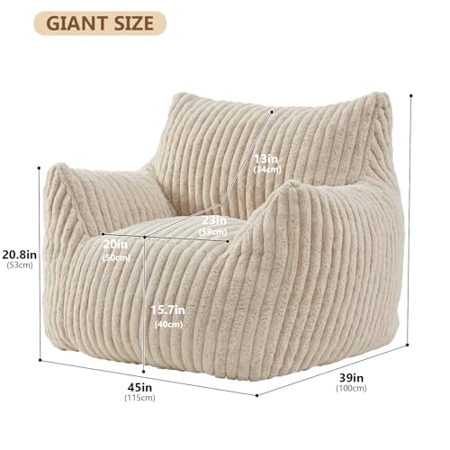 Giant Bean Bag Chairs for Adults Teens, Large Bean Bag Sofa Chairs with Filling Comfy Fuzzy BeanBag Chair with Armrests for Bedroom Living Room Reading