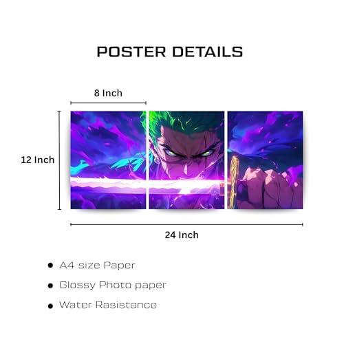Image of ADRAIL STORE One Piece Anime Manga Poster, Zoro Character Design Wall Poster 3 Panal - A4 Size, 300 GSM, Wall Decor Posters Wall Art For Bedroom, Living room, Office, Dining Room,No Frame (Zoro-2)