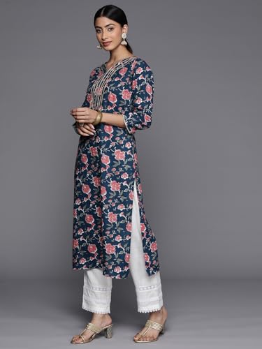Image of Varanga Women Blue Floral Printed Kurta with V-Neck, Three Quarter Sleeves