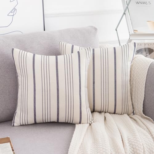 LRartdeco Coussin Decoratif Canape Housse de Coussin 40x40 Coussin Beige Décoratifs Taie d'oreiller Rayures Bleues Coussin Lin Carré pour Coussin Canapé...