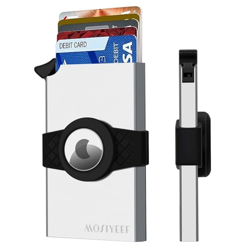 MOSIYEEF Card Holder with AirTag Holder - Pop Up Stealth Wallet RFID Blocking Slim Metal Card Case Holds 15 Cards and Notes (Silver)