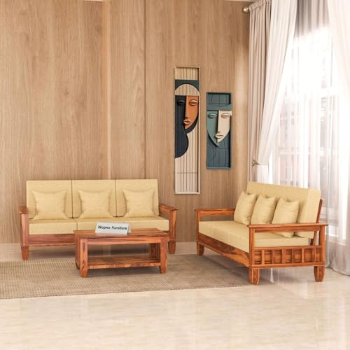 Image of Sheesham Wooden 6 Seater Sofa Set for Living Room | Rosewood Cushion Sofa with Side Newspaper Holder for Home & Office | Solid Wood Sofa Set for Lounge (Honey, 3+3 Seater)