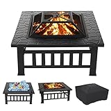 Fire Pit Table for Outside 32 Inch Square Firepits with Waterproof Cover Outdoor Wood Burning Pit Large Heavy Duty Steel BBQ Bonfire Pit with Spark Screen,Log for Patio Backyard Garden