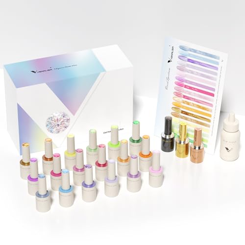 Venalisa Gel Nail Polish Set 22 Colours Blue Red Pink Glitter Cat Eye Gel Long Lasting 10ml UV LED Soak Off with Base Top Coat Matte Top Coat Colour Card Stylish Round Bottles for Nail Art Design V1