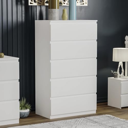 Vida Designs White Chest of Drawers – 5 Drawer Modern Wooden Storage Unit for Bedroom or Living Room