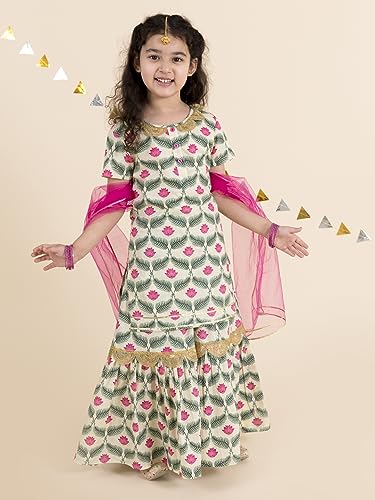 Image of Pspeaches Girls Off White Floral Yoke Design Empire Pure Cotton Kurti With Skirt With Dupatta (White)