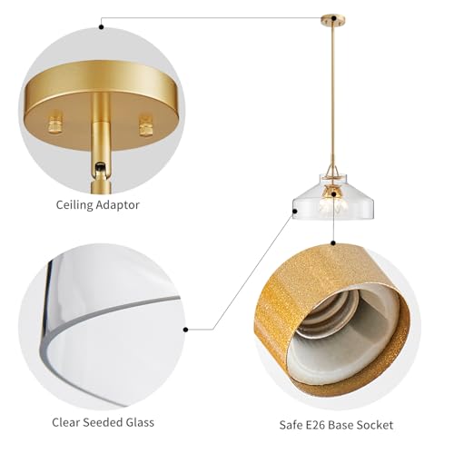 Image of WUZUPS Chandelier Rustic Farmhouse Industrial Round Ceiling Pendant LED Light Fixture with Clear Glass Shades for Dining Room Kitchen Island Foyer Entryway, H 11.8 inch W 15 inch, E26 Base, Gold