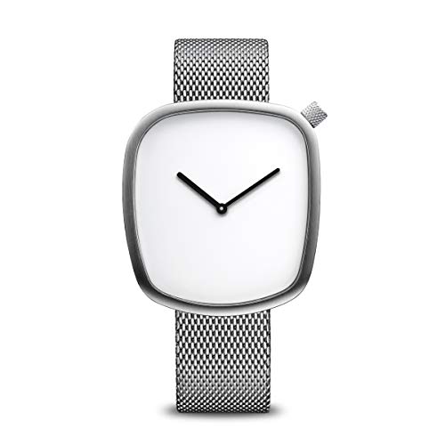 BERING 18040-004 Reloj de cuarzo unisex con caja de acero inoxidable plateado 40 mm y esfera blanca, correa milanesa, cristal de zafiro y resistencia al agua de 3 ATM