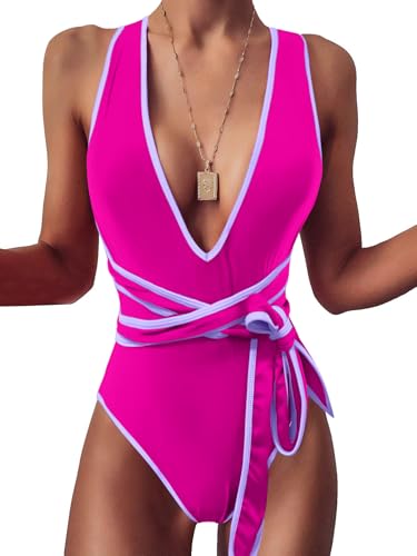 Image of Lilosy Sexy One Piece Swimsuit Women Plunge Bathing Suits Hot Pink Purple M
