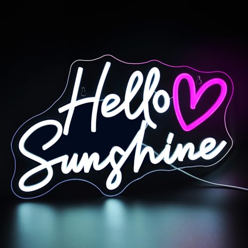 Image of Hello Sunshine Neon Signs for Wall Decor White LED Neon Sign for Room Neon Light Sign for Wall Decor Birthday Party USB Powered