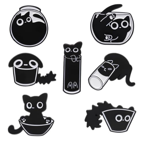 7 broches esmaltados de gatos negros, bonitos broches de esmalte para chaquetas, gatos juguetones, broches esmaltados, para chaquetas, sombreros, No, No