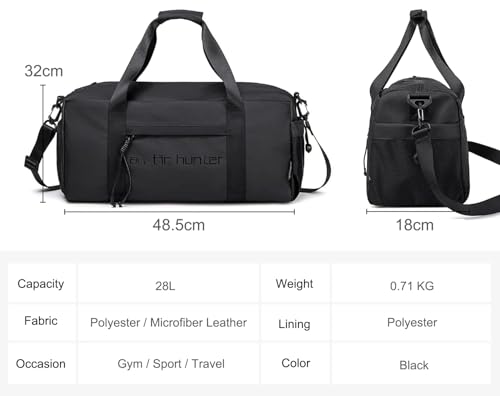 Image of Arctic Hunter Sport Travel Duffle Bag for Men Women 28L Polyester Gym Bag with Shoe Compartment Water-resistant Multi-pockets Handbag Detachable Shoulder Strap Sleek Training Swimming Duffel Bag,Black