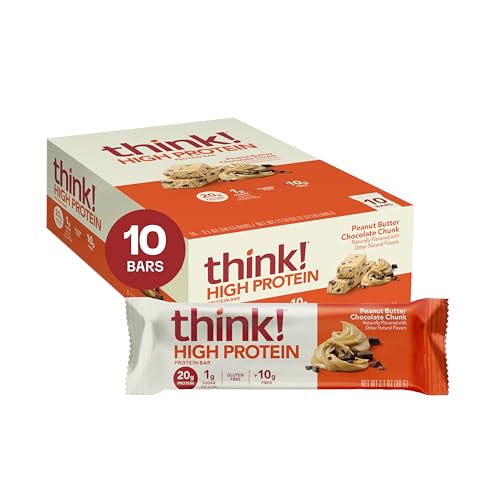 think! Protein Bars High Protein Snacks Gluten Free High Fiber Peanut Butter Chocolate Chunk 10 Count