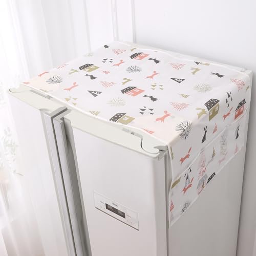 Image of HOKIPO Large Fridge Cover Top | For Bigger Double Door Refrigerator | Waterproof, Printed with 6 Side Pockets, Size Large 180x62 cm, Woodland Village (AR-5876-D4)