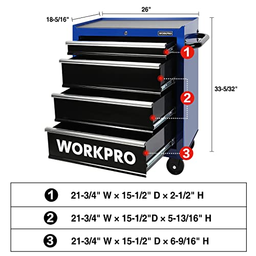 Image of WORKPRO 4-Drawer Tool Chest, 26-Inch Rolling Metal Tool Storage Cabinet With Casters, Locking System, Drawer Liner, 450 lbs Load Capacity, for DIY Projects, Home Improvement, Auto Mechanics