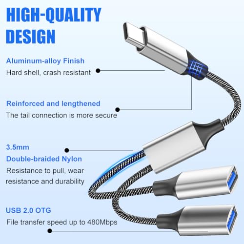 AXFEE USB C Male to Dual USB-Female Cable Adapter, Usb C to Double usb Adapter, Type C Splitter Y Cord OTG Cable, USB-C Converter for Galaxy S8 S9, Google Pixel and more Type C Devices(Silver) - Image 2