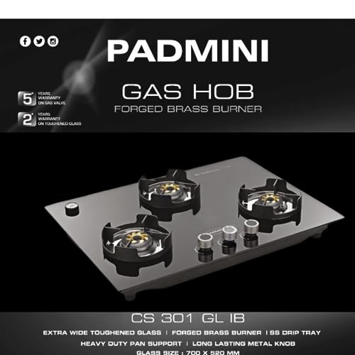 Padmini Indian Burner Auto Ignition 3 Burner Glass Built in Glass Gas Hob Black ISI Certified (CS 301 GL IB) (2 Big, 1 Small Burner) - Image 4