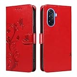XFDSFDL® Schutzhülle für Huawei Nova Y70 MGA-LX9 (6,75 Zoll) PU Lederhülle Flip Cover Mandelbaum Muster mit Ständer Schlüsselband Brieftasche Prägung Handytasche Rot