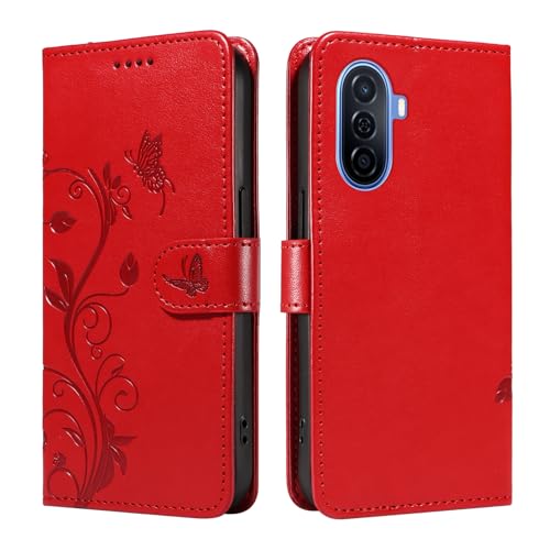 XFDSFDL® Schutzhülle für Huawei Nova Y70 MGA-LX9 (6,75 Zoll) PU Lederhülle Flip Cover Mandelbaum Muster mit Ständer Schlüsselband Brieftasche Prägung Handytasche Rot