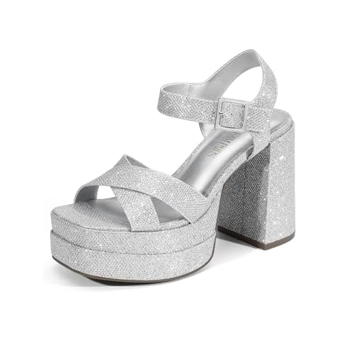DREAM PAIRS Silver Glitter Heeled Sandals Cover