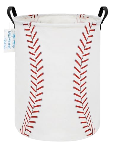 Image of Round Laundry Basket Collapsible Storage Hamper Organizer Red Baseball | Waterproof Canvas Foldable Baskets with sturdy Handles Multi-scene Organizer for Home Play Bedroom Gift Bin