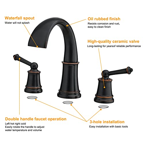 Besy Widespread 8 Inch Oil Rubbed Bronze Bathroom Faucet, Two Handles 3 Holes Sink Faucet Waterfall Spout Lavatory Basin Faucets, Vanity Bathroom Sink Faucet With Supply Lines #TOP4