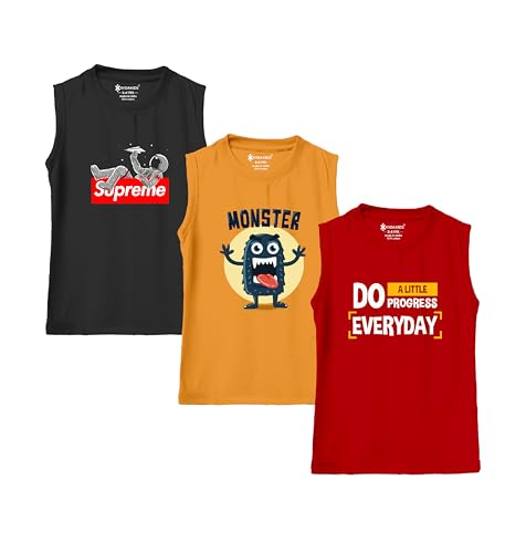 Image of KYDA KIDS 100% Cotton Bio Washed Premium Printed Boys Sleeveless Loose Fit Tshirt - Antibacterial Boys Vest - Pack of 3