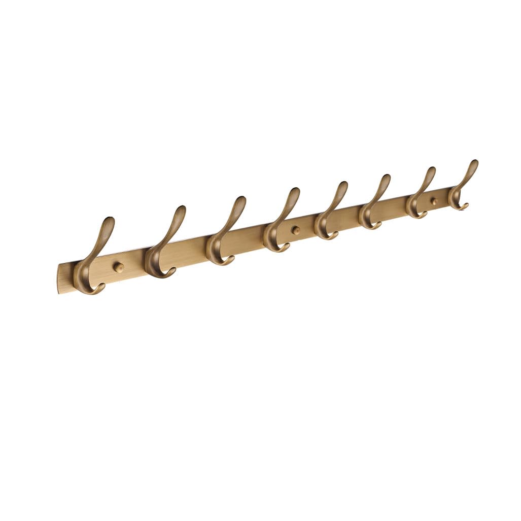 Qpkz Gold Solid Brass Vintage Coat Rack Wall Mount, Heavy Duty Brushed Surface Metal Wall Hooks Hanging Coat Hooks Rail Clothes Towel Racks For Bathroom Entryway Bedroom 8Hook