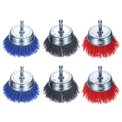 Image of HARFINGTON 6pcs Nylon Filament Wire Wheel Cup Brush for Drill, Abrasive Brushes Set with 1 /4 inch Hex Shank, 3 inch, Used for Rust /Corrosion /Paint Removal, Scrub Surface, 80 Grit,100 Grit,240 Grit