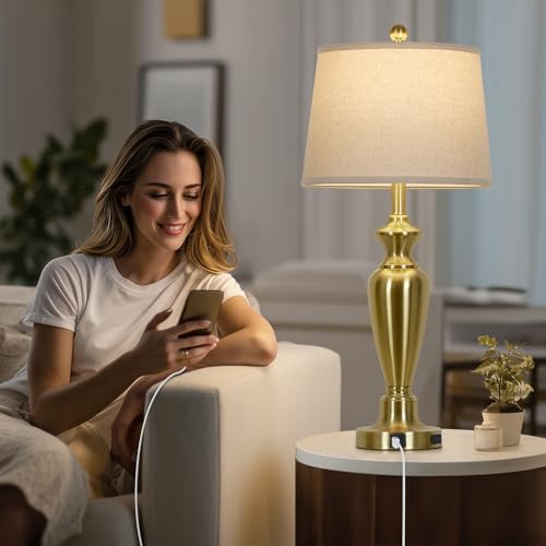 Cinyirong 30" Tall Gold Table Lamps Set of 2, Touch Control Bedside Lamp with USB A+C Ports and AC Outlet, 3-Way Dimmable Modern Metal Nightstand Lamp for Bedroom Living Room, 2 LED Bulbs Included by Cinyirong - Used condition - Image 5