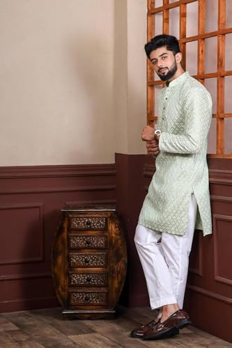 Image of LookMark Men's Printed Silk Blend Kurta with Mandarin Collar, Full Sleeves, Straight Fit Traditional Ethnic Wear
