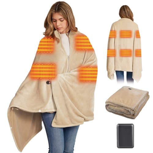 16000mAh Heated Blanket Battery Operated Soft Cordless Heated Blanket Shawl Portable Heated Throw Blanket Poncho Wraps Fast Heating with 3 Heat Levels 6 Heating Zones