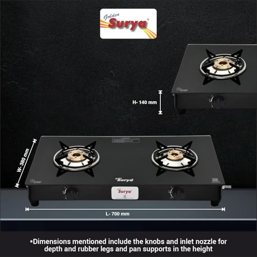 Image of Golden Surya 2 Burner PNG Gas Stove | Toughened Glass Top | Brass Burners | Manual Ignition | ISI Certified | Piped Natural Gas Compatible | 18 Months Warranty