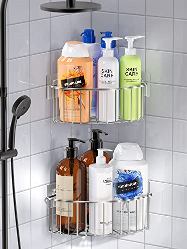 Image of SMARTAKE 2-Pack Corner Shower Caddy Deep Basket Design, SUS304 Stainless Steel, Wall Mounted Bathroom Shelf with Adhesive, Storage Organizer for Toilet, Dorm and Kitchen (Silver)