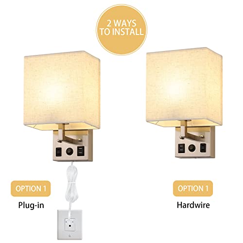 Bty Modern Wall Sconces Set Of 2, Wall Lamps Bedroom Plug In With Usb Charging Ports Ac Socket Sconces Wall Lighting For Living Room Hallway, White(2 Bulbs Included) #TOP3
