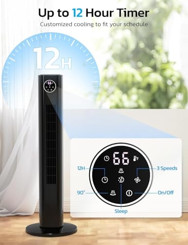 Image of ZAFRO Tower Fan for Bedroom, 90 Oscillating Fan with 4 Modes, 3 Speeds, 25ft /s Velocity, 12H Timer, Standing Fan for Bedroom, Living Room, Office, Black, 36 Inches