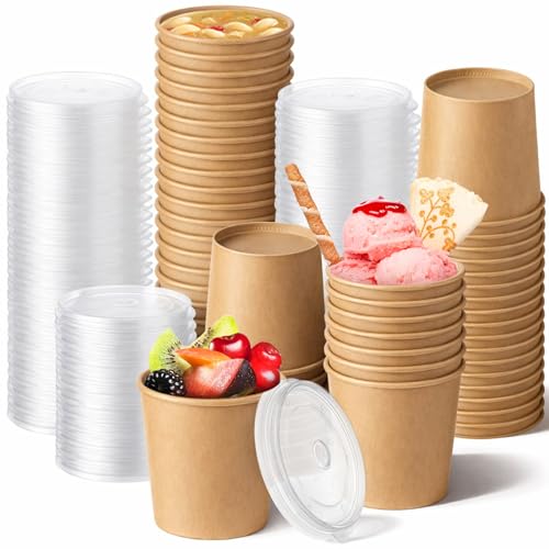Image of Sabary 50 Pack 16oz Paper Soup Containers with Lids, Disposable to Go Soup Bowls, Ice Cream Cups, Take out Food Storage Containers, Microwavable and Freezer Safe for Ice Cream, Noodles, Snack, Yogurt