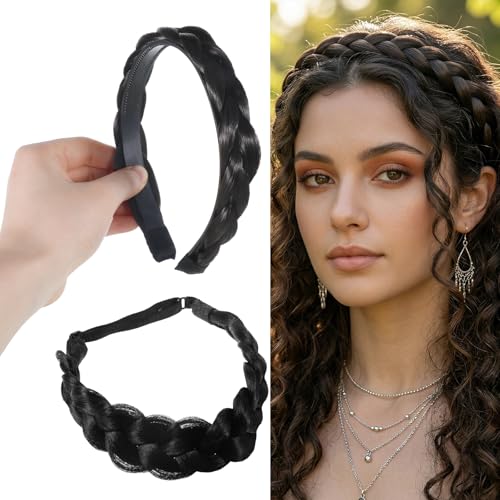 Hadnves 2 Pcs Braided Headbands Hair Piece Synthetic Plaited Hair Hoops Head Bands Wide Elasticity Chunky Fishtail Braid Hairband Accessories Beauty Stretch Headwrap Hairpiece for Women Girl