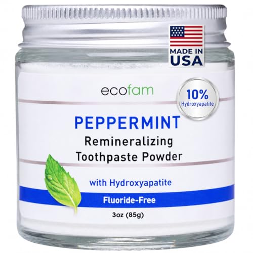 Ecofam Toothpaste Powder - Remineralizing Tooth Powder Hydroxyapatite and Xylitol Fluoride Free Supports Enamel Strength & Gum Health - Peppermint