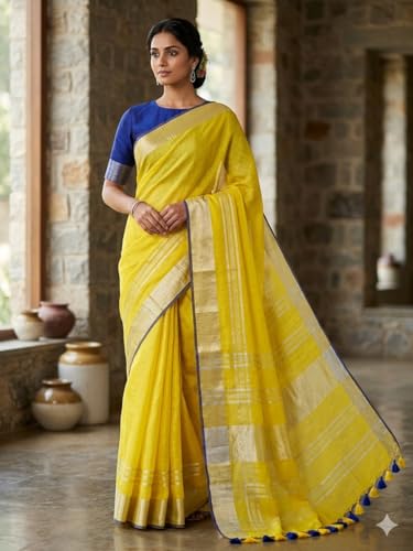 Image of STB-SILK TEXTILES BHAGALPUR Women's Linen Slub Saree With Contrast Blouse Piece