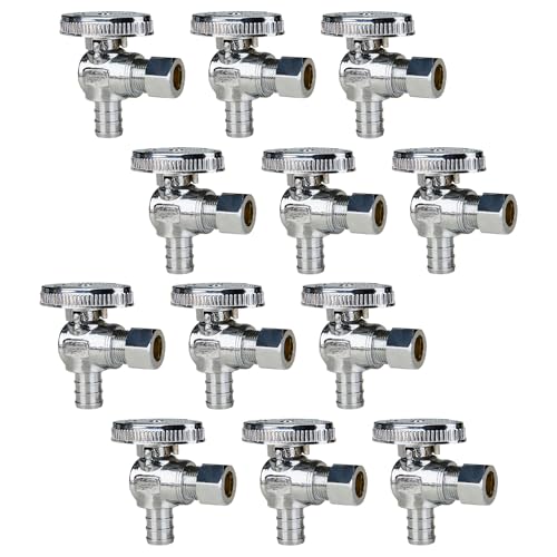 SUNGATOR 12-Pack Angle Stop Valve, 1/2" PEX x 3/8" OD Compression, Quarter Turn Chrome Plated, 1/2 inch Pex Shut Off Valves for Faucet and Toilet, UPC Certified