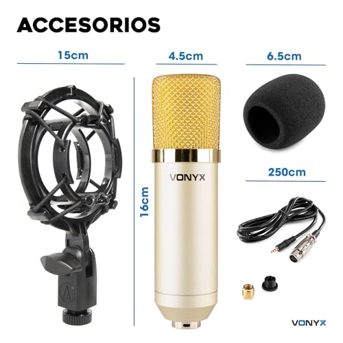 Vonyx CM400C - Micrófono de condensador de gran diafragma, alta sensibilidad, conexión XLR y 3.5mm, Phantom 12-48V, incluye soporte de araña y filtro antipop, ideal para Podcasts, Streaming y Estudios - imagen 8