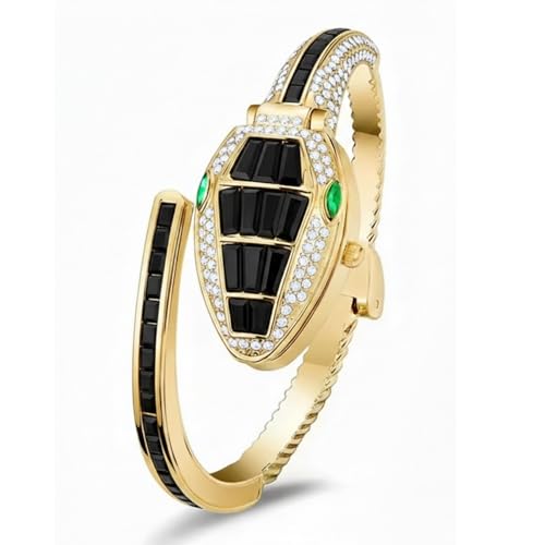Image of Women's Gold Bracelet Watch | Snake Coil Cuff Style | Crystal Studded Oval Dial | Elegant Jewellery Watch for Women & Girls | Party, Wedding & Festive