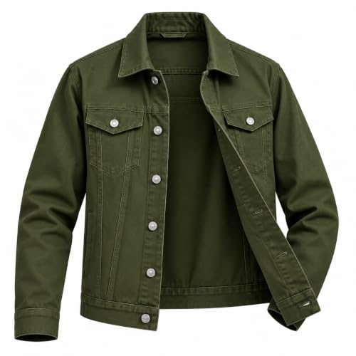 Image of MONTREZ Men's Jacket Spread Collar Solid Lightweight Casual Denim Jacket (IN, Alpha, Olive) (IN, Alpha,S, Regular)
