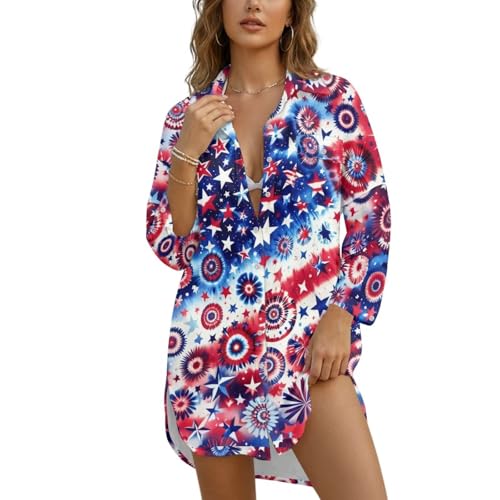 Ocxbuir Womens Beach Cover Up for USA 250 Years 5th of July Firework Print Lapel Collar Button-Down Swimsuit Cover Up Long Sleeve Midi Length Bathing Suit Cover Ups with Chest Pocket