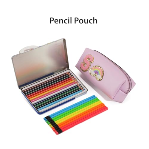 Image of AICA Gifts Personalized Leather Pencil Pouch (Purple) with Embroidered Alphabet & Patch | Pencil Pouch for Kids | Birthday Gift | Birthday Return Gift |Gift for Kids Age 6-10