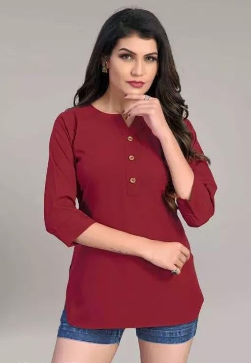 Image of Himanshi enterprises Women's Traditional Casual 3 /4 Sleeves Mandarin Nack Rayon Solid Short Kurti
