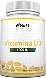 Vitamina D3 1000 IU 25 µg - 365 Cápsulas Blandas - 1 Año de Suministro - Colecalciferol de Alta Absorción - Nu U Nutrition