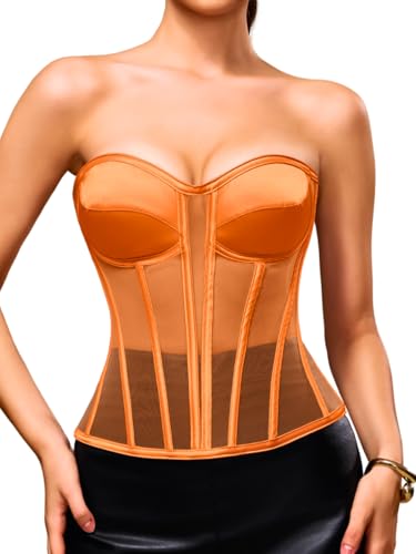 Kaei&Shi Sheer Mesh Corset Top Overbust Satin Longline Strapless Bra Backless Shapewear With 12 Polyester Boning Orange X-Large
