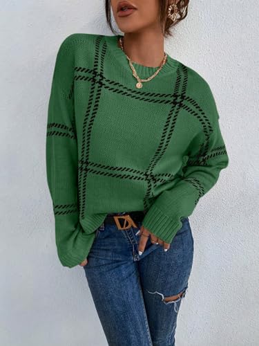 Women's Off Shoulder Pullover Knit Sweater Plaid Crew Neck Long Sleeve Cute Trendy Cozy Sweaters4